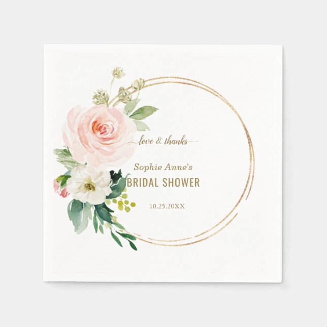 Elegant Pink Blush Floral Gold Bridal Shower Napkins (Front)