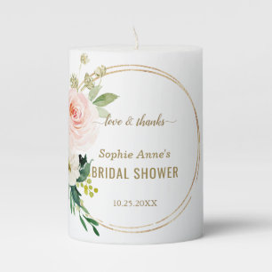 Elegant Pink Blush Floral Gold Bridal Shower Pillar Candle