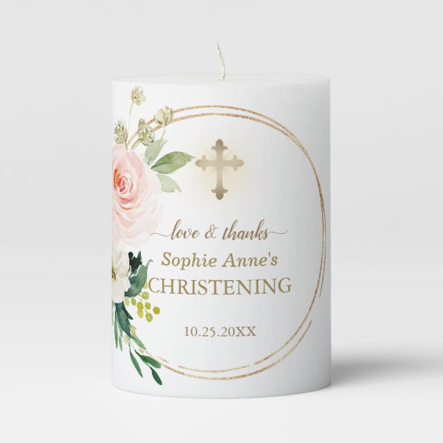 Elegant Pink Blush Floral Gold Christening Pillar Candle (Front)