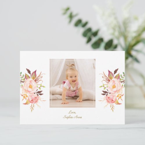 Elegant Pink Blush Floral Gold Girl Photo Baptism  Thank You Card