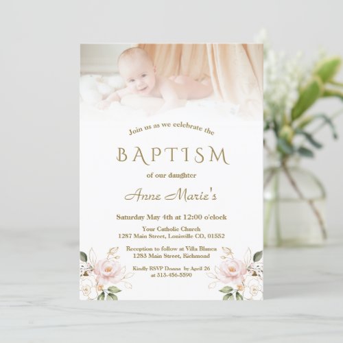 Elegant Pink Blush Floral Gold Photo Girl Baptism Invitation