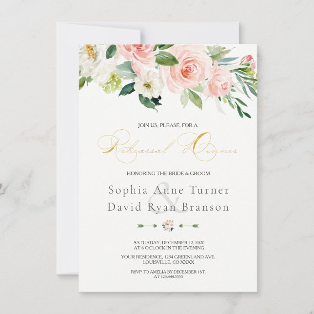 Elegant Pink Blush Floral Gold Rehearsal Dinner Invitation (Front)