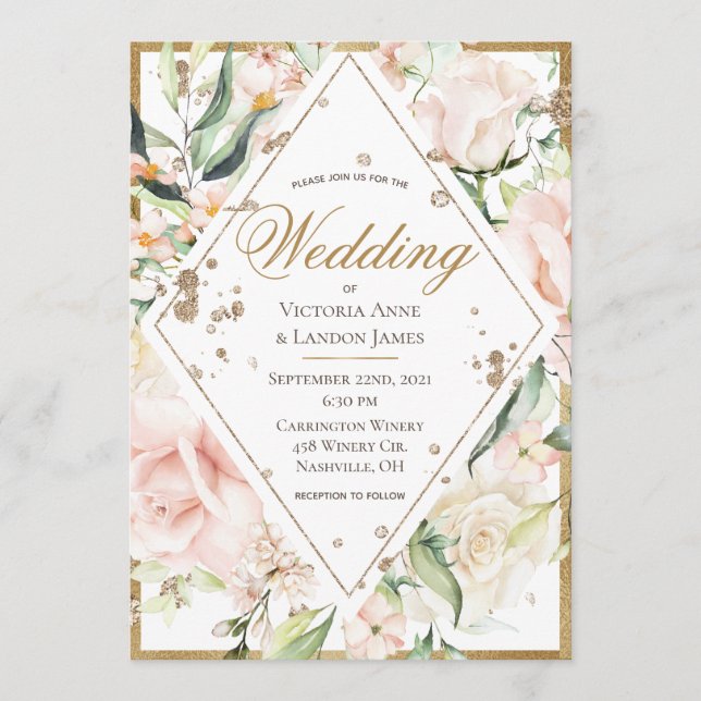 Elegant Pink Blush Floral Gold Rustic Wedding Invitation (Front)