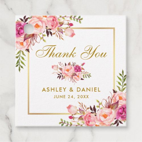 Elegant Pink Blush Floral Gold Wedding Thank You Favor Tags