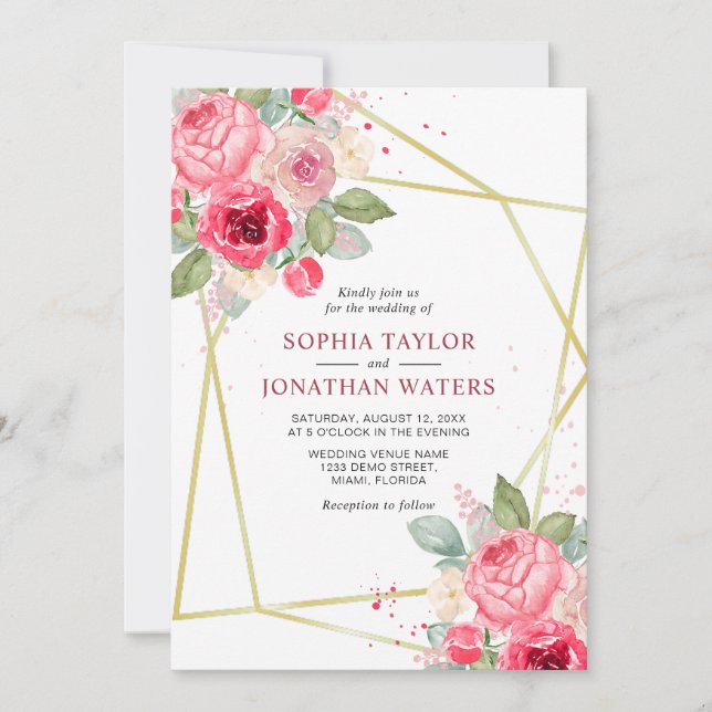 Elegant Pink Blush Floral Golden Geometry Wedding Invitation (Front)