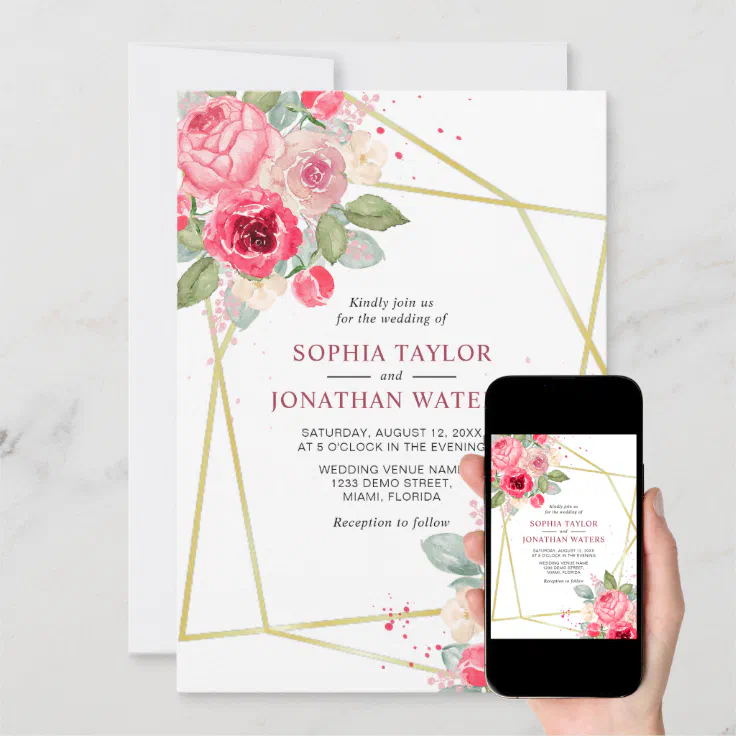 Elegant Pink Blush Floral Golden Geometry Wedding Invitation Zazzle