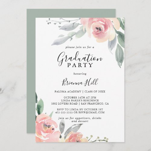 Elegant Pink Blush Floral Graduation Party Invitation