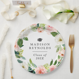 Elegant Pink Blush Floral Graduation Party Paper Plates