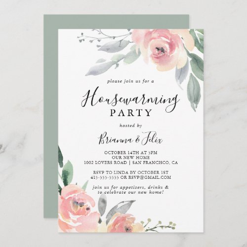 Elegant Pink Blush Floral Housewarming Party Invitation