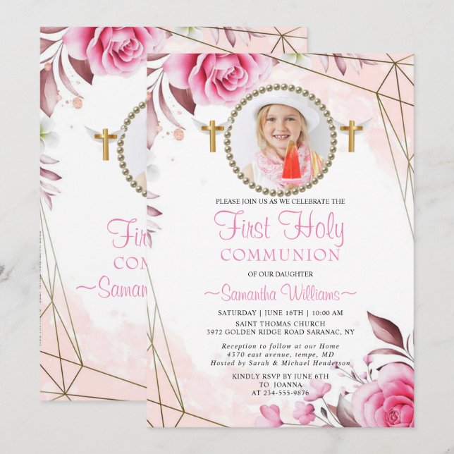 Elegant Pink Blush Floral Photo First Communion  I Invitation (Front/Back)