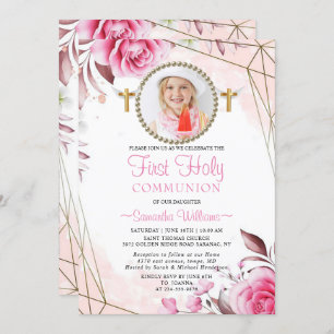 Elegant Pink Blush Floral Photo First Communion  I Invitation