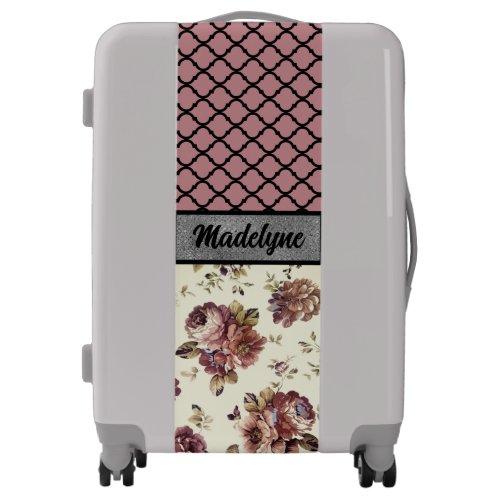 Elegant Pink Blush Floral Quatrefoil Personalized  Luggage