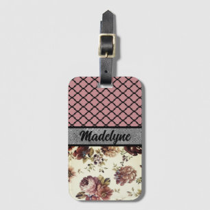 Elegant Pink Blush Floral  Quatrefoil Personalized Luggage Tag