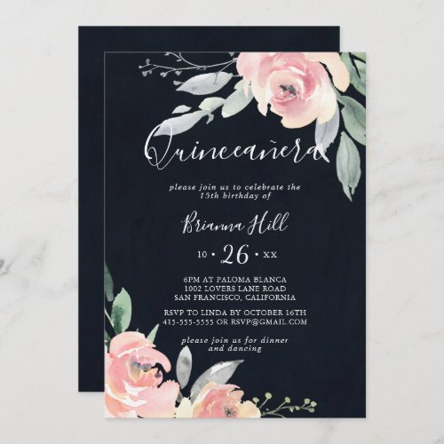 Elegant Pink Blush Floral Quinceaera Invitation