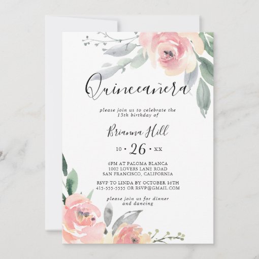 Elegant Pink Blush Floral Quinceañera Invitation | Zazzle