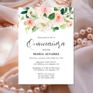 Elegant Pink Blush Floral Quinceañera Invitation 