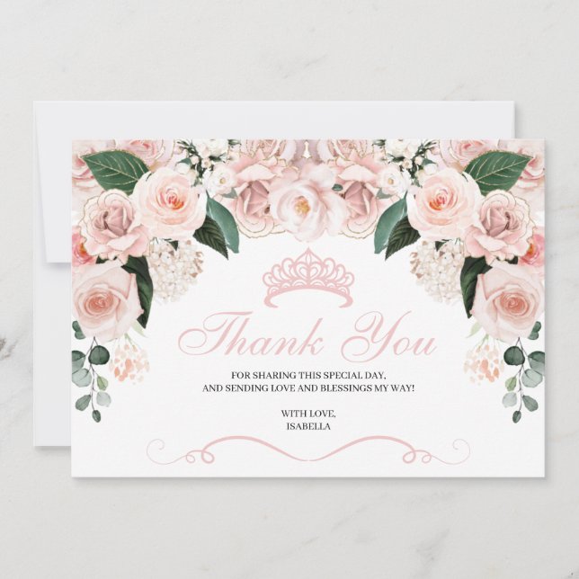 Elegant Pink Blush Floral Quinceanera Thank You Card (Front)