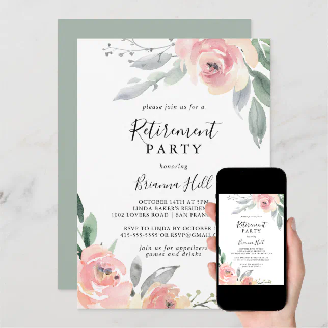 Elegant Pink Blush Floral Retirement Party Invitation | Zazzle