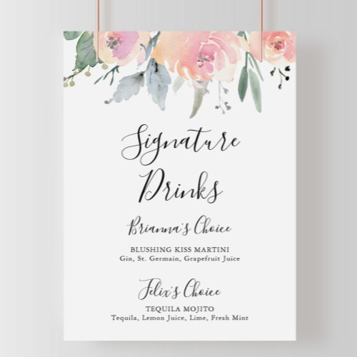 Elegant Pink Blush Floral Signature Drinks Sign