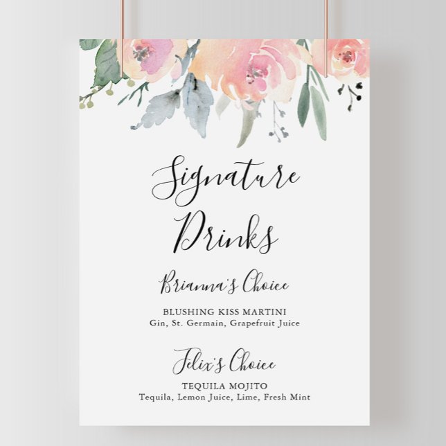 Elegant Pink Blush Floral Signature Drinks Sign (Creator Uploaded)