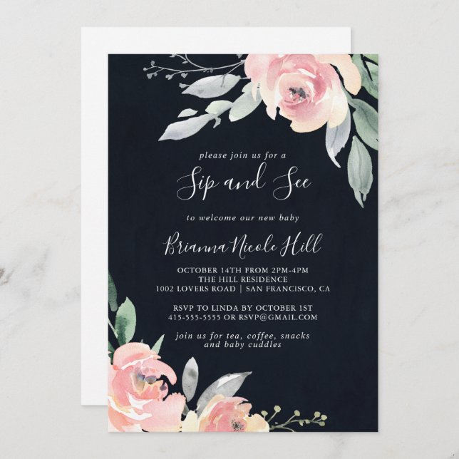 Elegant Pink Blush Floral Sip and See Invitation (Front/Back)