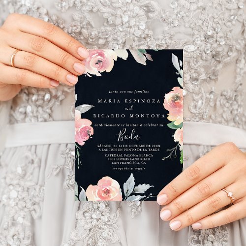 Elegant Pink Blush Floral Spanish Wedding Invitati Invitation