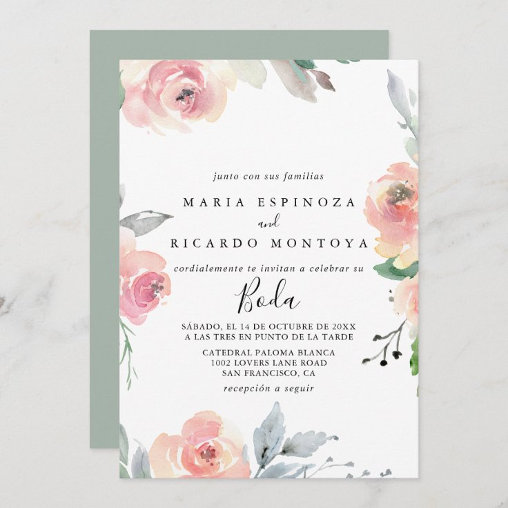 Elegant Pink Blush Floral Spanish Wedding Invitation | Zazzle