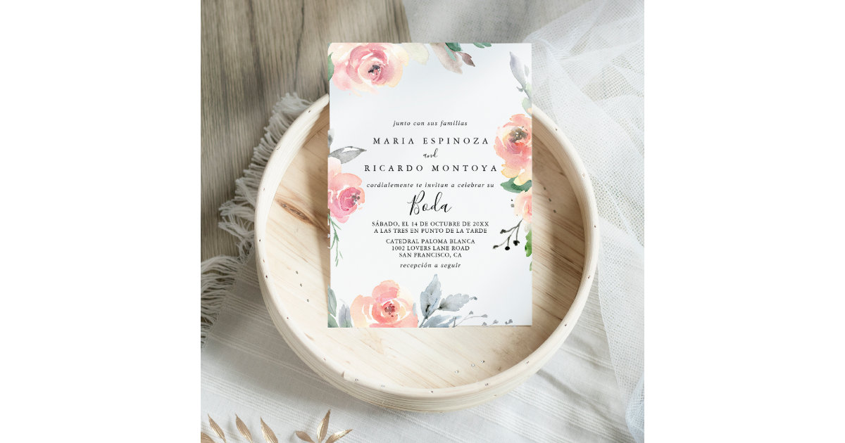 Elegant Pink Blush Floral Spanish Wedding Invitation | Zazzle