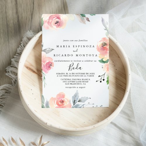 Elegant Pink Blush Floral Spanish Wedding Invitation