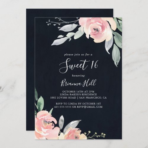 Elegant Pink Blush Floral Sweet 16 Birthday Party  Invitation