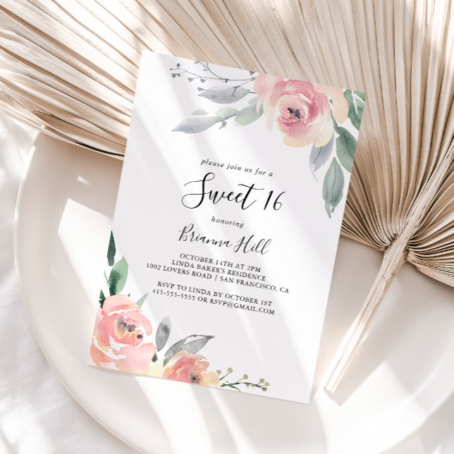 Elegant Pink Blush Floral Sweet 16 Birthday Party Invitation (Creator Uploaded)