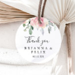 Elegant Pink Blush Floral Thank You Wedding Favor Classic Round Sticker<br><div class="desc">This elegant pink blush floral thank you wedding favor classic round sticker is perfect for a modern wedding. The design features hand-drawn pink blush roses and peonies with green and gray leaves, inspiring natural beauty. Make the sticker labels your own by including your names, the event (if applicable), and the...</div>