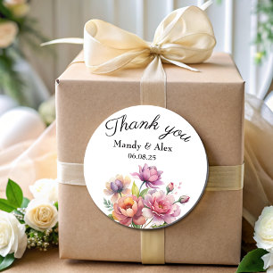 Elegant Pink Blush Floral Thank You Wedding Favor Classic Round Sticker