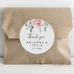 Elegant Pink Blush Floral Thank You Wedding Favor Classic Round Sticker<br><div class="desc">This elegant pink blush floral thank you wedding favor classic round sticker is perfect for a modern wedding. The design features hand-drawn pink blush roses and peonies with green and gray leaves, inspiring natural beauty. Make the sticker labels your own by including your names, the event (if applicable), and the...</div>