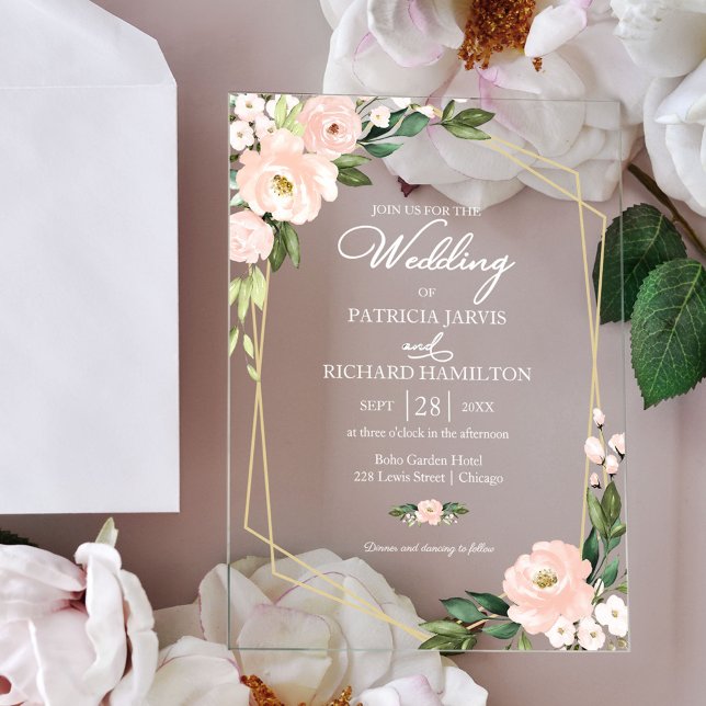 Elegant Pink Blush Floral Wedding Acrylic Invitations (Creator Uploaded)