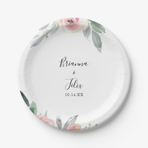 Elegant Pink Blush Floral Wedding Cake Paper Plates