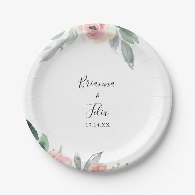 Elegant Pink Blush Floral Wedding Cake Paper Plates (Front)