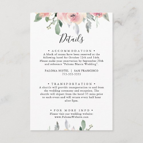 Elegant Pink Blush Floral Wedding Details Enclosure Card