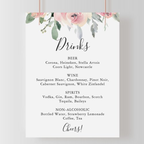 Elegant Pink Blush Floral Wedding Drinks Menu Sign