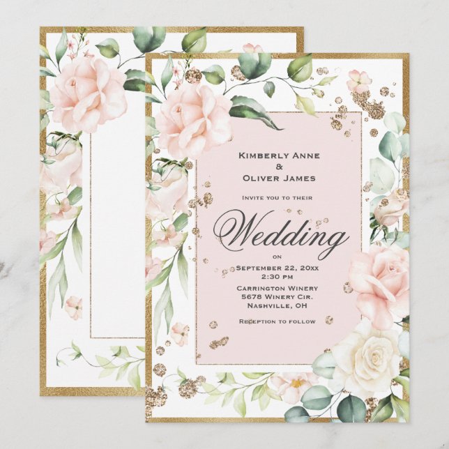 Elegant Pink Blush Floral Wedding Invitation (Front/Back)