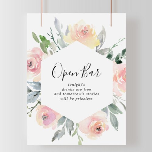 Elegant Pink Blush Floral Wedding Open Bar Sign