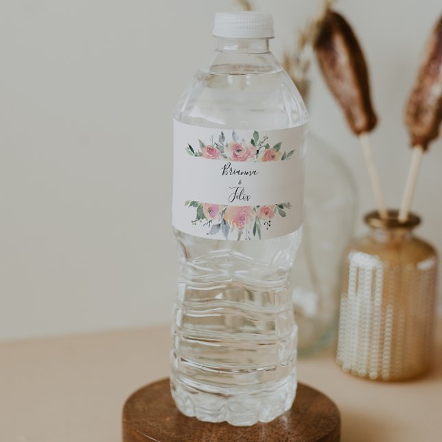 Elegant Pink Blush Floral Wedding Water Bottle Label (Creator Uploaded)