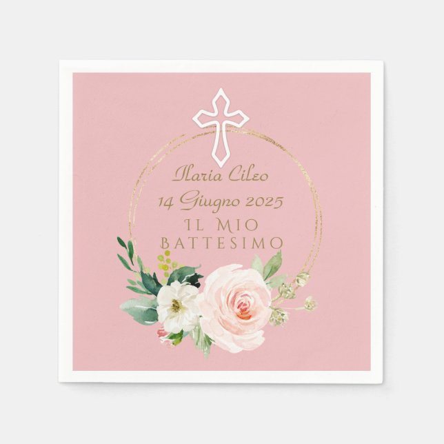 Elegant Pink Blush Floral White Cross Baptism Napkins (Front)