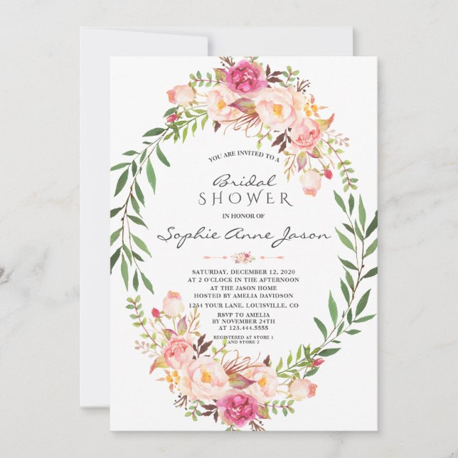 Elegant Pink Blush Floral Wreath Bridal Shower Invitation (Front)