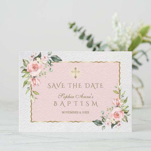 Elegant Pink Blush Flowers Cross Girl Baptism  Save The Date