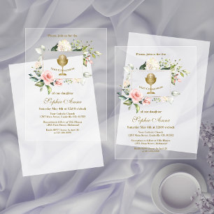 Elegant Pink Blush Flowers Girl Holy Communion Acrylic Invitations