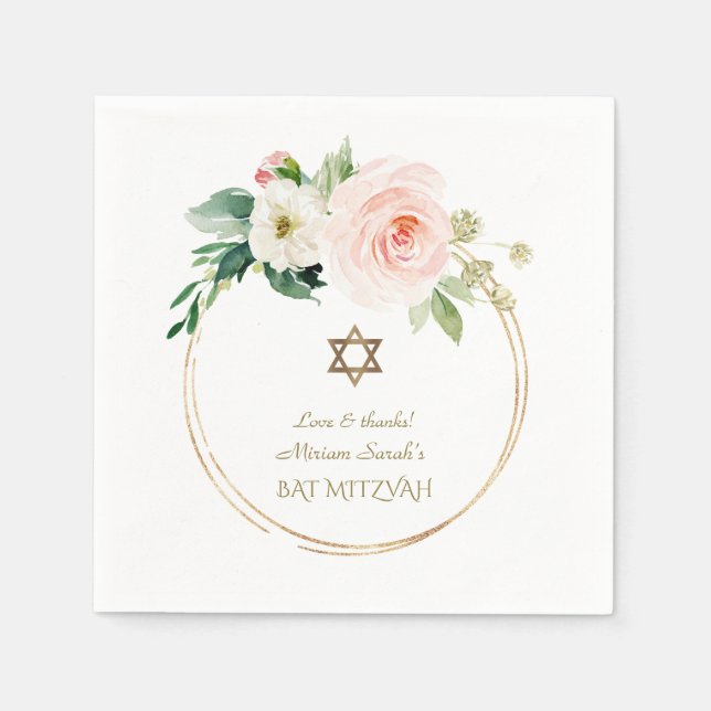 Elegant Pink Blush Flowers Gold Bat Mitzvah Napkins (Front)