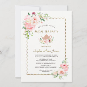 Elegant Pink Blush Flowers Gold Bridal Tea Party Invitation