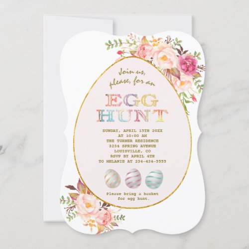 Elegant Pink Blush Flowers Gold Egg Hunt Easter Invitation