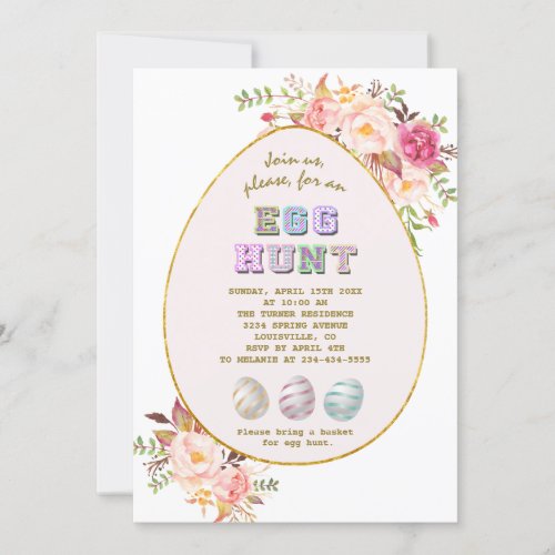 Elegant Pink Blush Flowers Gold Egg Hunt Easter Invitation